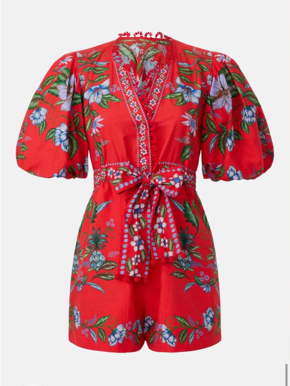 FARM Rio Red Floral Puff-Sleeve Romper with Waist Tie